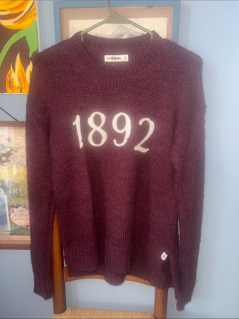 Abercrombie & Fitch Burgundy Knit Sweater with Cream '1892' Appliqué